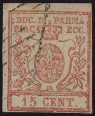 Ducato di Parma - <p><strong>1857 - 15 cent. vermiglio</strong>, n° 9, ottimo. Sigla Alberto Diena.</p>