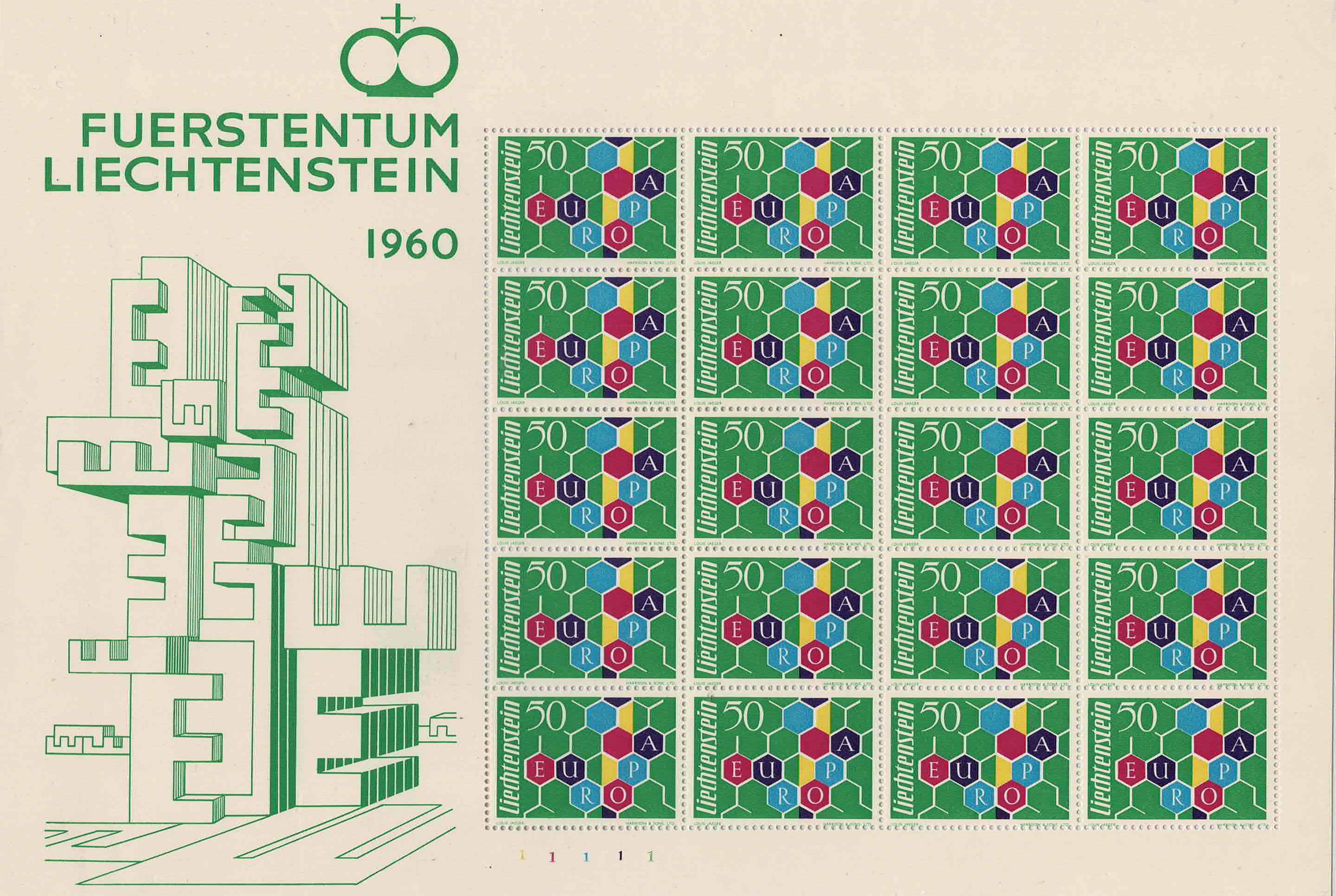 GIRO D'EUROPA CEPT - <p><strong>1960 - CEPT - Liechtenstein</strong>, n° 355, in splendido minifoglio di 20 esemplari, I tiratura, raro.</p>