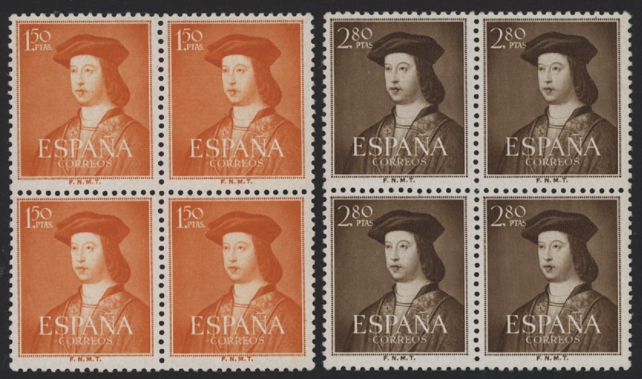 SPAGNA - <p><strong>1952 - Ferdinando</strong>, n° 826/30, in splendida quartina.</p>