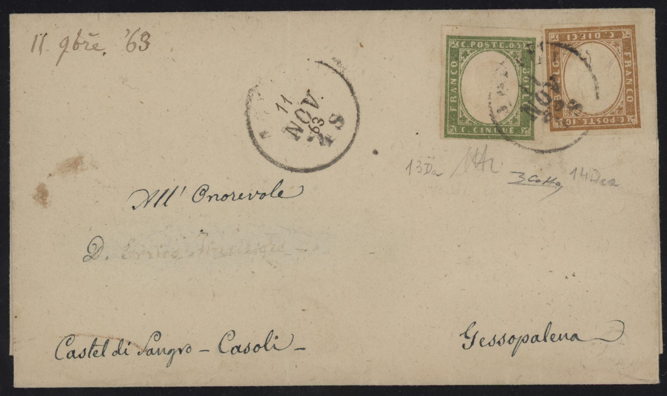 Regno di Sardegna - <p><strong>1863 - 5 + 10 c</strong>., n° 13Eb + 14DE, <strong>verde e bistro</strong>, ottimi, su lettera da <strong>Napoli </strong>11 nov 63 per <strong>Gessopalena </strong>13 nov 63, annullo (11 e 63) appena restaurato. Siglata Colla e Alberto Diena (che indicano, a mio parere erroneamente, n° 13Da e 14Dca).</p>