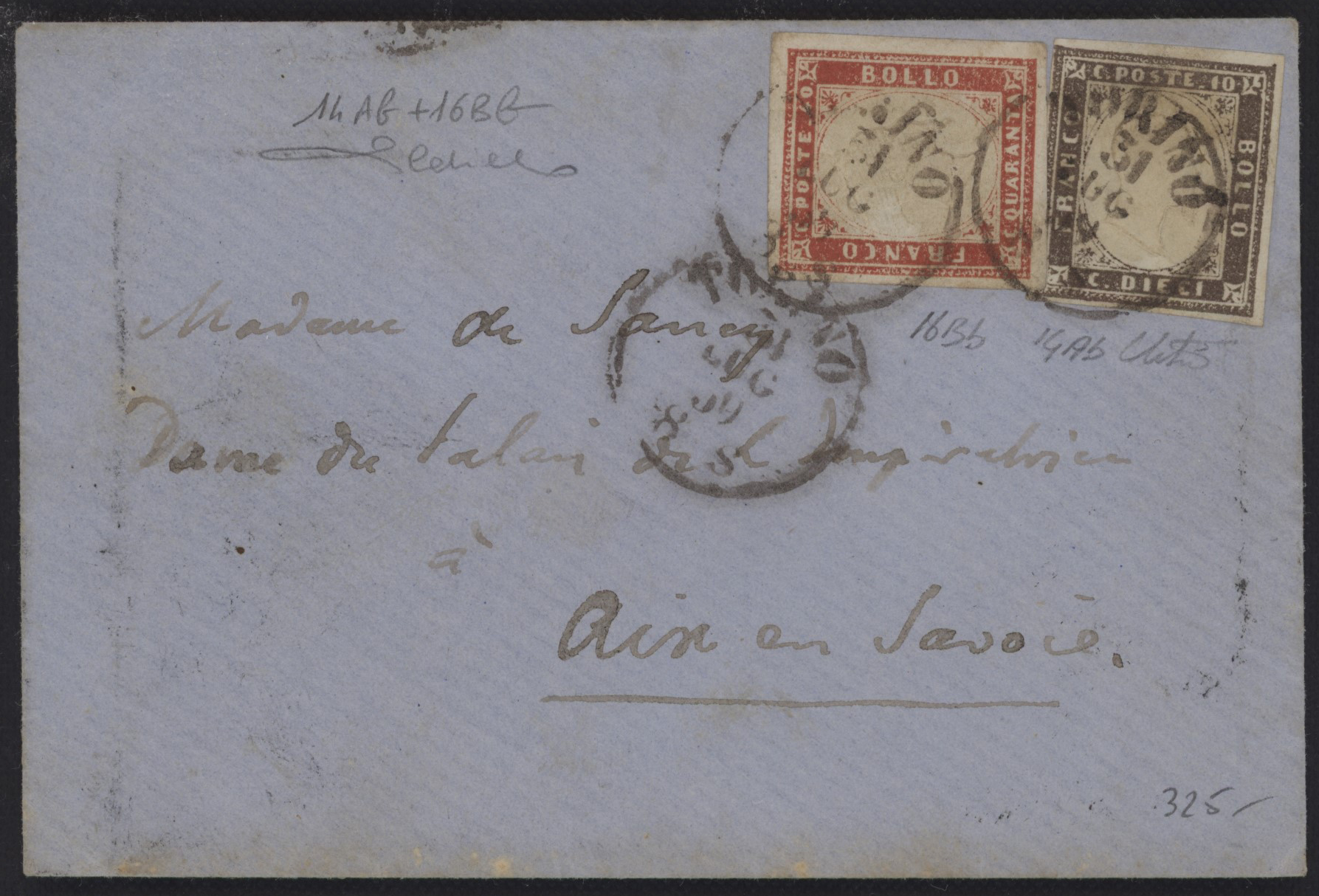 Regno di Sardegna - <p><strong>1859 - 10 cent. bruno violetto e 40 cent. rosso scarlatto</strong>, n° 14Ab + 16A, ottimi, da <strong>Torino </strong>per <strong>Aix Le Bains</strong>, ottimo insieme firmato Cardillo.</p>