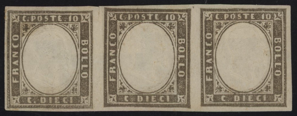 Regno di Sardegna - <p><strong>1861 - 10 cent. grigio olivastro chiaro</strong>, n° 14C, striscia di 3 di cui il 1° esemplare con doppia effige notevolmente discostata. Certificato. Raybaudi.</p>
