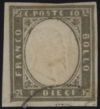 Regno di Sardegna - <p><strong>1861 - 10 cent. grigio olivastro scuro</strong>, n° 14Ca, ottimo. Firmato Sorani.</p>