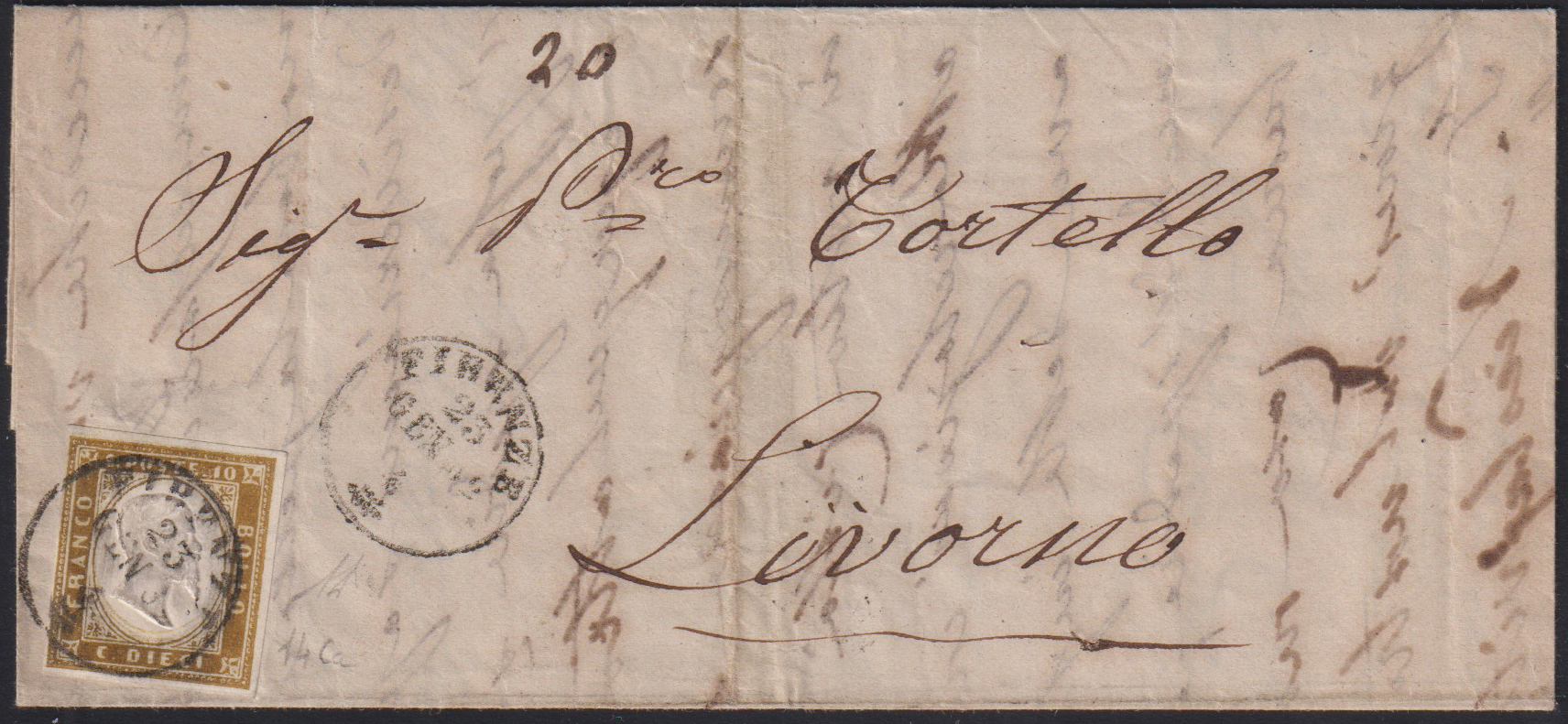 Regno di Sardegna - <p><strong>1862 - 10 cent. bruno olivastro</strong>, n° 14Cl, ottimo, su lettera da <strong>Firenze </strong>23 gen 62 per <strong>Livorno </strong>stessa data. Siglata Alberto Diena.</p>