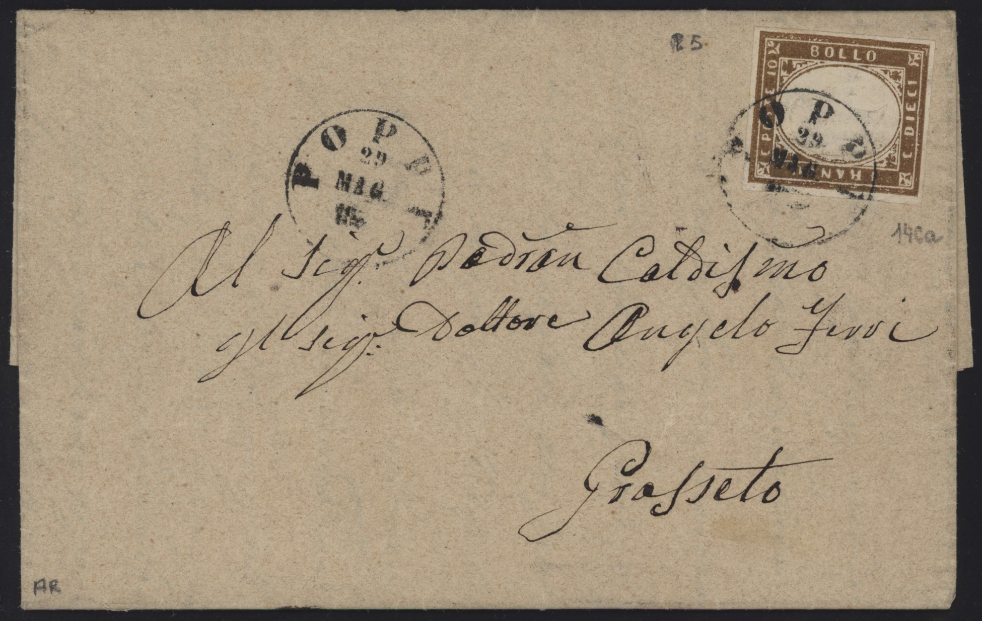 Regno di Sardegna - <p><strong>1862 - POPPI</strong>, punti 5 - <strong>10 cent. bruno olivastro (scuro)</strong>, n° 14Cl, ottimo, su lettera 29 Mag 62 per <strong>Grosseto</strong>.</p>