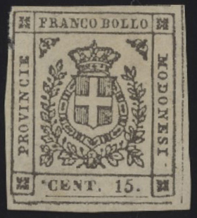 Ducato di Modena - <p><strong>1859 - 15 centesimi grigio con punto prima di ‘’CENT"</strong>, n° 14e, discreto esemplare, margine a filo in alto a sinistra, nuovo con gomma originale. Sigla Emilio Diena.</p>