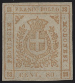 Ducato di Modena - <p><strong>1859 - 80 centesimi bistro arancio senza punto dopo ‘’80''</strong>, n° 18e, ottimo, nuovo senza gomma.</p>