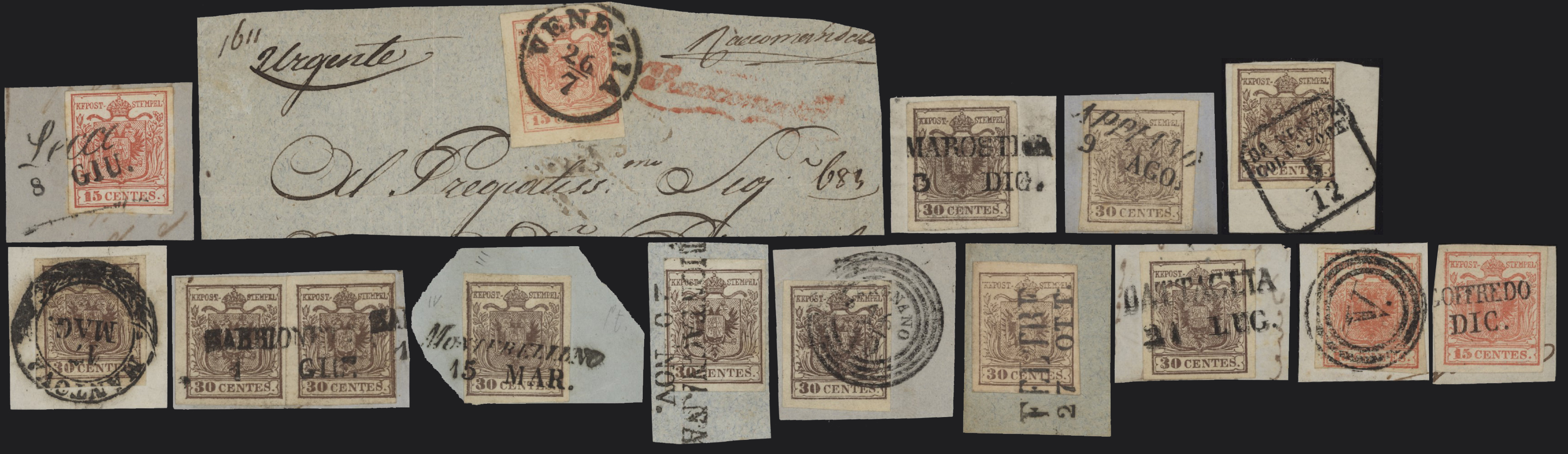 Lotti Antichi Stati - <p><strong>1850 - Lombardo Veneto</strong>, interessante insieme di annullamenti composto da 15 frammenti, qualità media molto buona.&nbsp;</p>