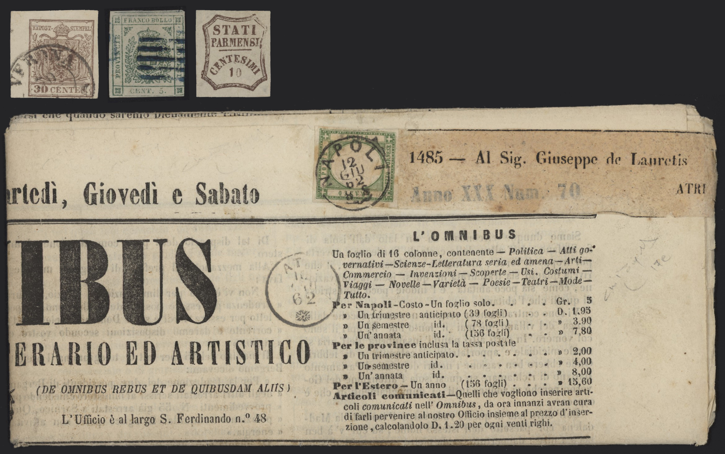 Lotti Antichi Stati - <p><strong>1850 - Antichi Stati Italiani</strong>, insieme composto da 14 francobolli sciolti, 11 lettere, due giornali affrancati con il 1/2 tr. delle Prov. Napoletane ed 1 frammento. Qualità mista, da esaminare.&nbsp;</p>