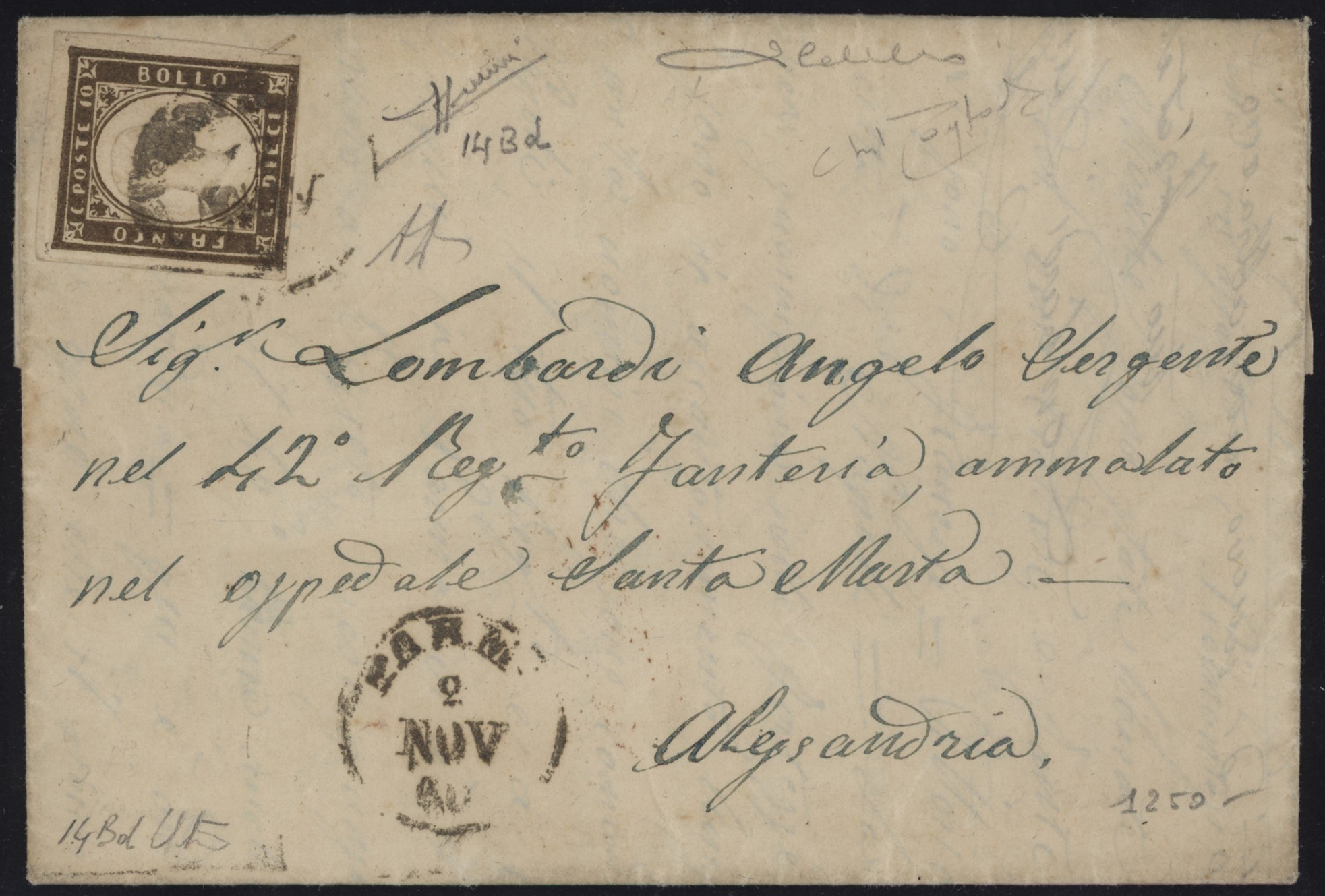 Regno di Sardegna - <p><strong>1860 - 10 cent. bruno oliva scuro</strong>, n° 14Bd, ottimo, isolato su letterina da <strong>Parma </strong>2 NOV 60 per <strong>Alessandria </strong>3 NOV, in tariffa ridotta per militari, splendido insieme, raro. La busta è siglata da Alberto Diena, è firmata da Raybaudi, Cardillo e Ballabio ed è munita di certificato Sorani.</p>