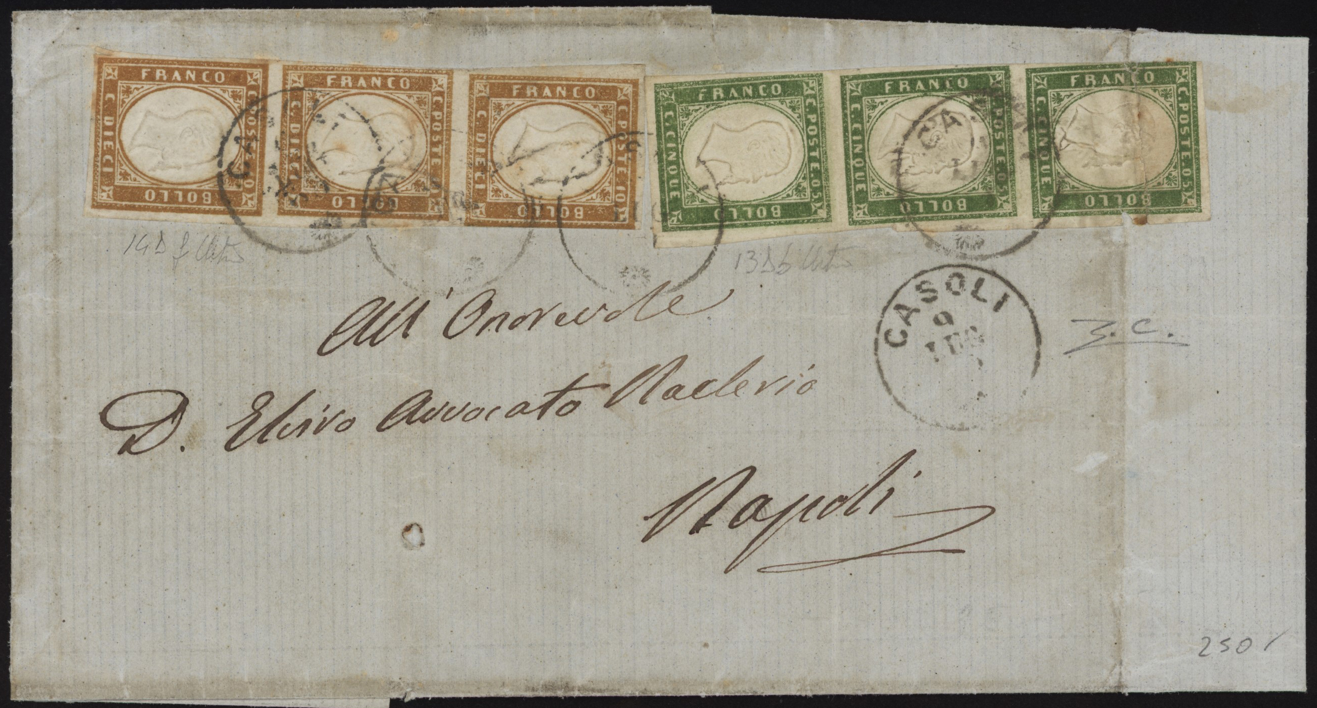 Regno di Sardegna - <p><strong>1863 - 5 e 10 cent.</strong>, &nbsp;n° 13Db + 14Df, in strisce verticali di 3, su lettera da <strong>Casoli </strong>per <strong>Napoli</strong>, firmata Cardillo.</p>
