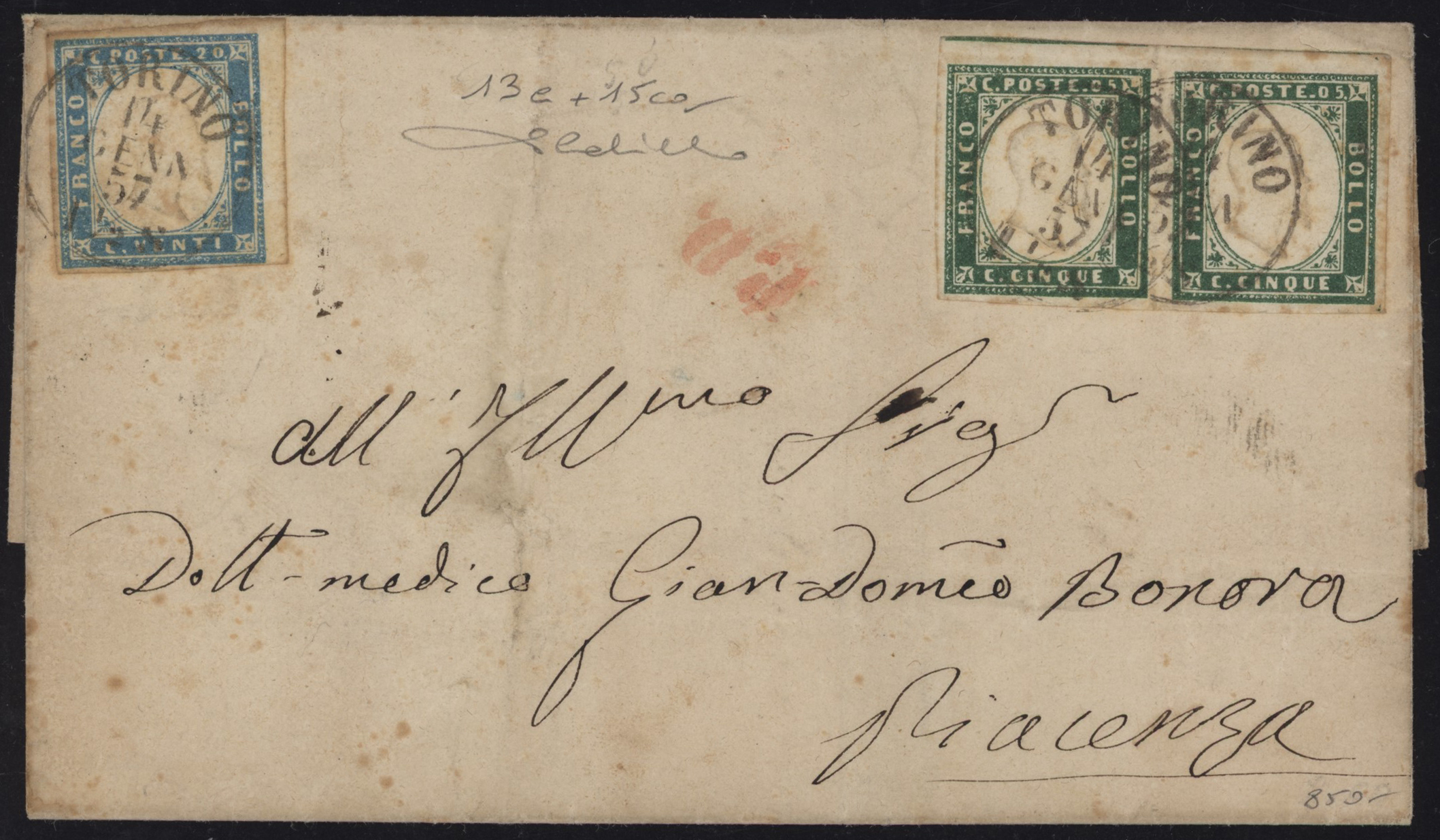 Regno di Sardegna - <p><strong>1857 - 5 cent. smeraldo giallastro (coppia) + 20 cent. cobalto latteo</strong>, n° 13 e + 15ca, ottimi, su lettera di buona conservazione da <strong>Torino </strong>14.1.57 per <strong>Piacenza </strong>15 GEN, interessante tariffa, corrispondenza tra Stati. Firmata Cardillo.</p>