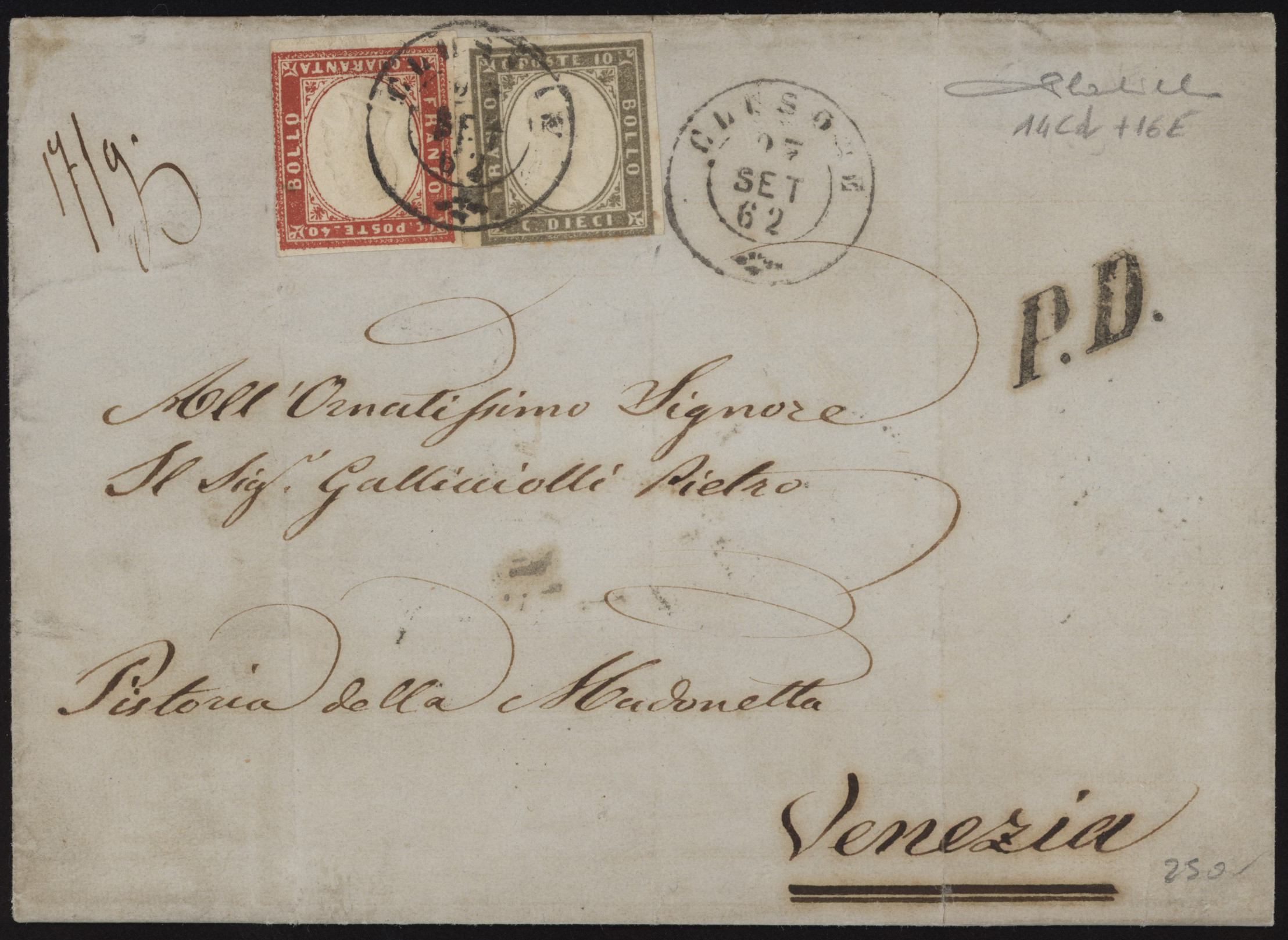 Regno di Sardegna - <p><strong>1862 - 10 + 40 cent.</strong>, n° 14 grigio + n° 16 rosso carminio, rara tariffa di 50 cent., I distanza sarda verso III distanza austriaca, su lettera da <strong>Chisone </strong>per <strong>Venezia</strong>, firmata Cardillo.</p>