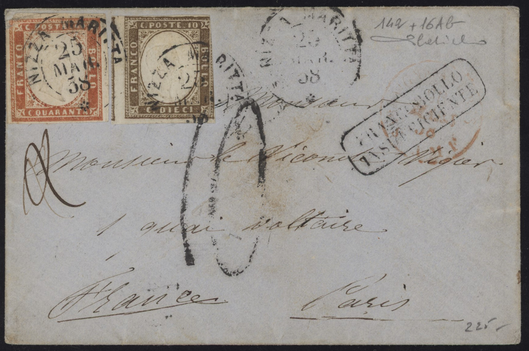 Regno di Sardegna - <p><strong>1858 - 10 + 40 cent.</strong>, <strong>terra d'Ombra chiaro e vermiglio arancio chiaro</strong>, n° 14a + 16Ab, su letterina da <strong>Nizza Marittima</strong> per <strong>Parigi</strong>, doppio porto ma affrancata come primo porto e quindi tassata e annullo “Francobollo Insufficiente” in cartella, l'insieme non comune è firmato da Paolo Cardillo.</p>