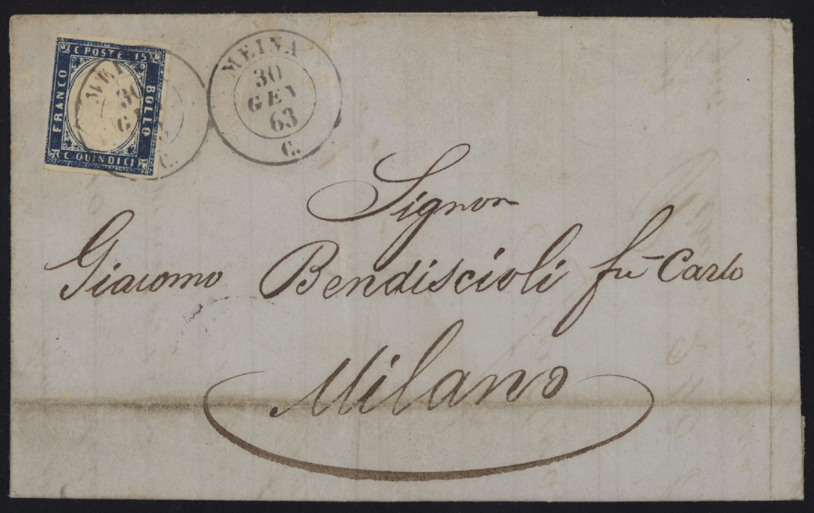 Regno di Sardegna - <p><strong>1863 - Fronte di lettera da Meina </strong>(10pt.) 30.01.1863 su 15 cent. tipo Sardegna n°11, buonissimo insieme.&nbsp;</p>