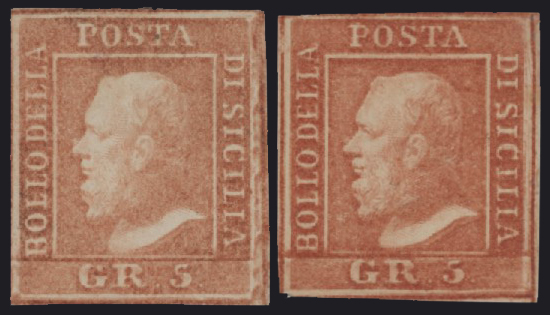Sicilia - <p><strong>1859 - 5 grana I tavola carta di Palermo nei due colori</strong>, n° 10 e 10a, ottimi, nuovi con gomma originale. Sigle di Alberto ed Enzo Diena.</p>