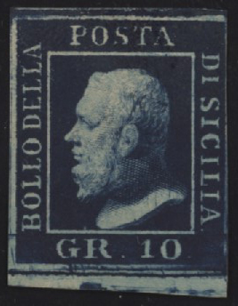 Sicilia - <p><strong>1859 - 10 grana azzurro cupo</strong>, n° 12, buonissimo esemplare con tre grandi margini e quello destro completo, nuovo con gomma originale. Certificato S.P.</p>