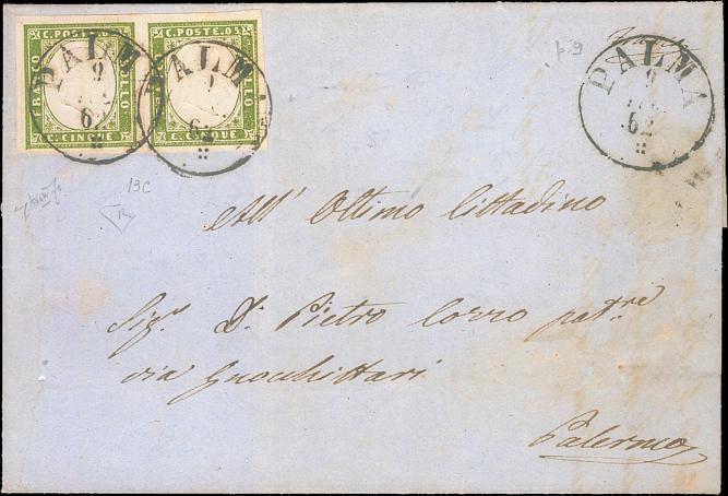 Sicilia - <p><strong>1862 - Sardegna IV, 5 cent. verde oliva intenso</strong>, n° 13C, splendida coppia orizzontale su lettera da <strong>Palma </strong>(Sicilia, annullo sardo pt 7) 9.lug.62 per <strong>Palermo </strong>11.lug.62, interessante.&nbsp;Avanzo, certificato Enzo Diena per esteso.</p>