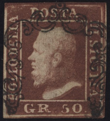 Sicilia - <p><strong>1859 -&nbsp;50 grana lacca bruno</strong>, n° 14, ottimo/eccellente, annullo perfettamente posizionato molto nitido, raro in questo splendido stato di conservazione. Certificato Diena (per esteso).</p>