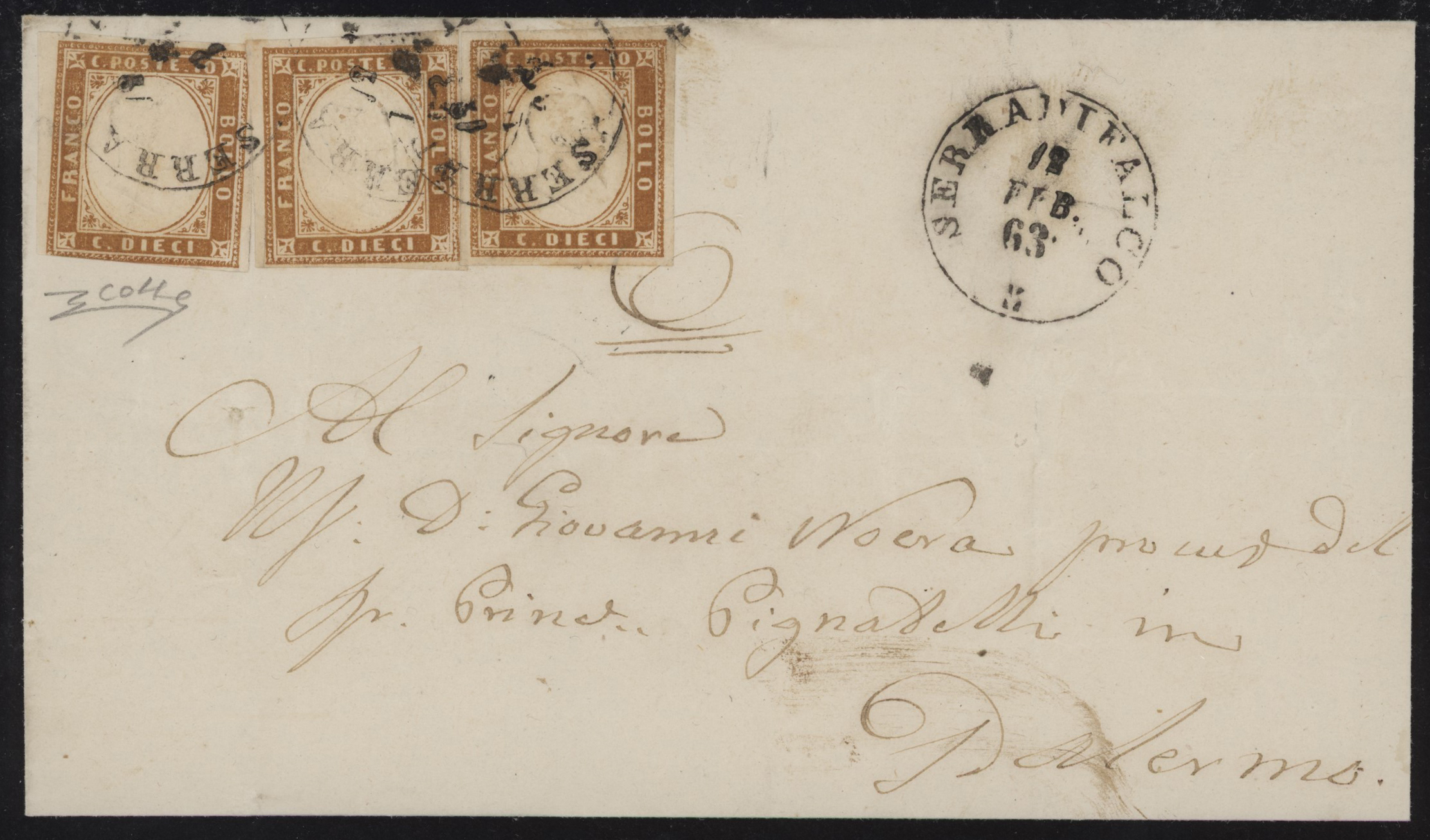 Sicilia - <p><strong>1863 - SERRADIFALCO -10 cent. bistro arancio</strong>, n° 14Df (Sardegna), tre ottimi esemplari su lettera da <strong>Serradifalco </strong>(pt. 13) 12.2.63 per <strong>Palermo</strong>, insieme raro. Certificato Colla (per esteso).</p>