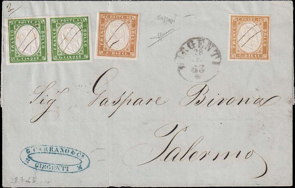 Sicilia - <p><strong>1863 - GIRGENTI </strong>- Nuovo ritrovamento, lettera da <strong>Agrigento </strong>28 Luglio 63 per <strong>Palermo </strong>29 lug 63, affrancata con Sardegna 5cent. (n° 13Ea, coppia) e 10cent. (14Ea, x 2), annullati con leggeri tratti di penna paralleli (Pt R1 ma credo unica),&nbsp; lusso, rarissima. Certificato Sorani, certificato Caffaz.</p>