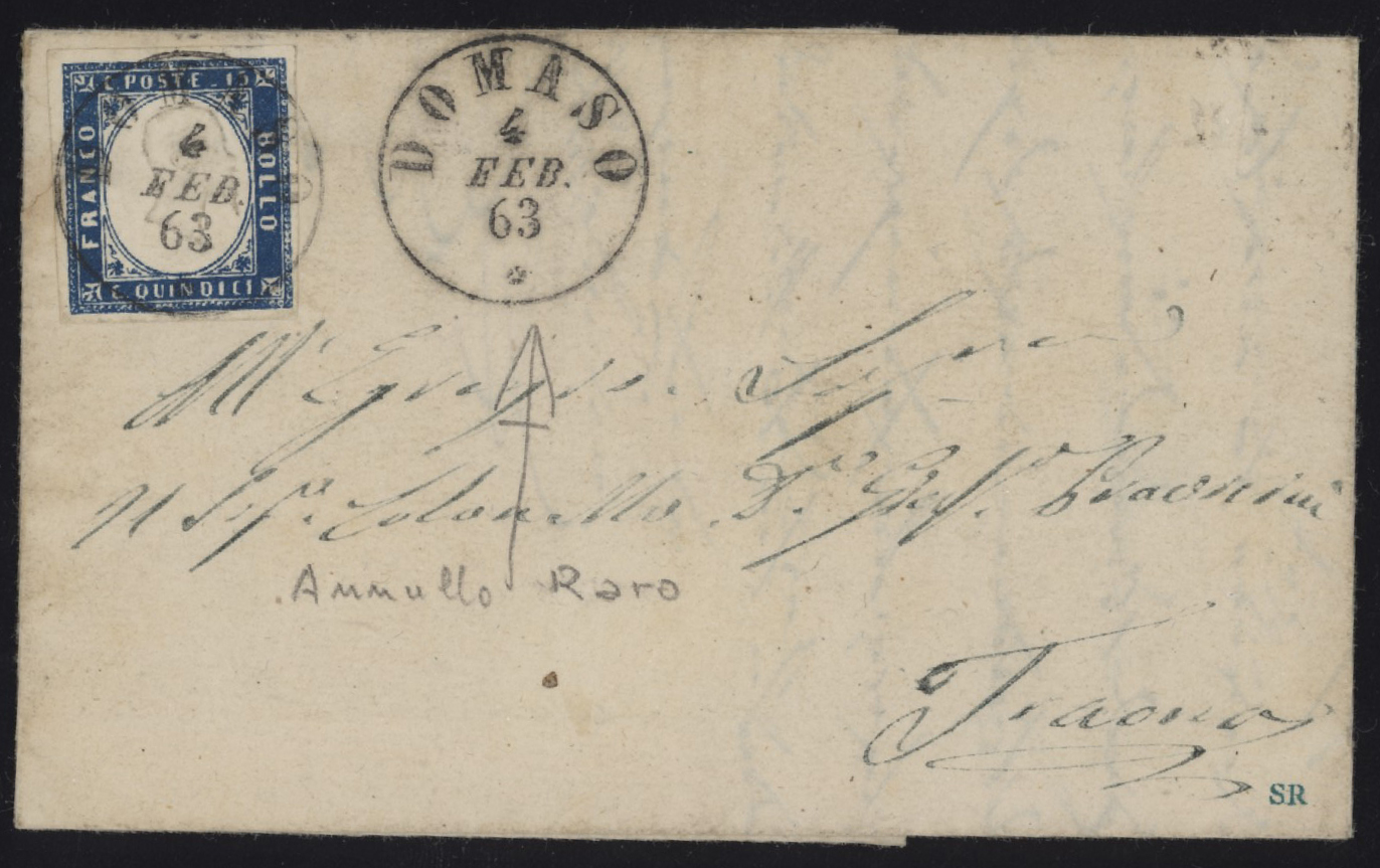 Sicilia - <p><strong>1863 - 15 cent. tipo Sardegna azzurro</strong>, n° 11, su lettera da <strong>DOMASO </strong>(pt. 8) 04.02.1863, ottimo insieme.</p>