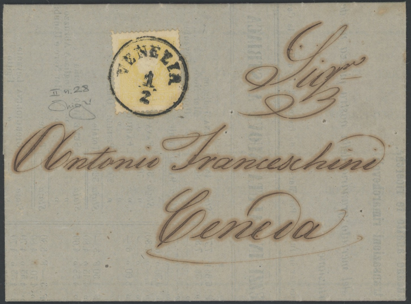 Lombardo Veneto - <p><strong>1859 - 2 soldi giallo II tipo</strong>, n° 28, ottimo, isolato, tariffa per stampati, su lettera da <strong>Venezia </strong>per <strong>Cencia</strong>, lusso.</p>