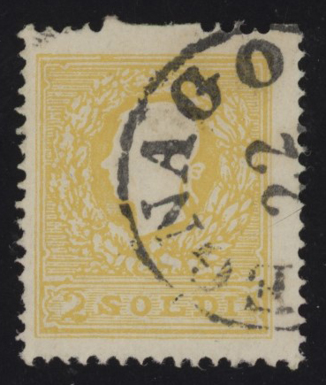 Lombardo Veneto - <p><strong>1858 -&nbsp;2 s. giallo vivo</strong>, n° 28a, ottimo, varietà, in parte non dentellato in alto al centro.</p>