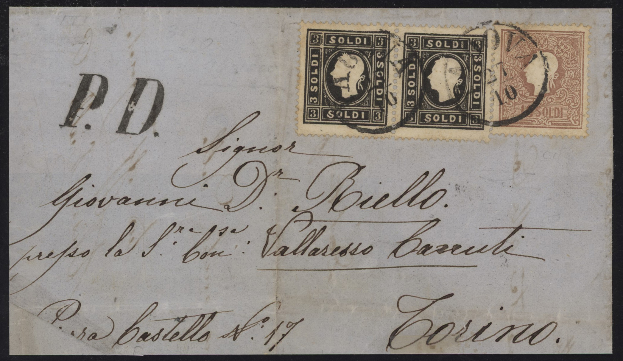 Lombardo Veneto - <p><strong>1862 - 3 s. nero (cp) + 15 s. bruno</strong>, n° 29 + 32, ottimi, su fronte (e gran parte del retro) di lettera bicolore da <strong>Padova </strong>27/10 per <strong>Torino </strong>28 ott 62.&nbsp;</p>