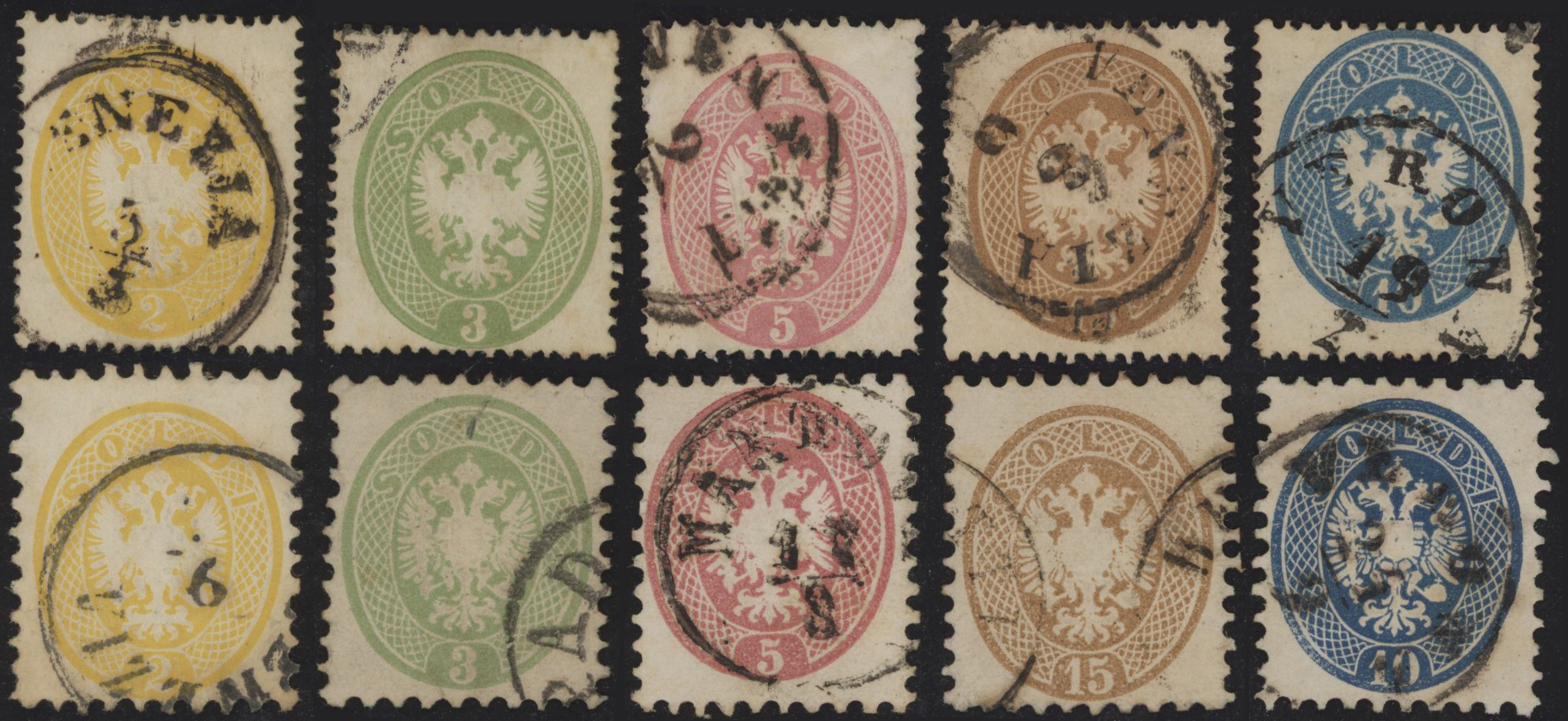 Lombardo Veneto - <p><strong>1863/4 - Stemma asburgico, nelle due dentellature</strong>, n° 36/40 + 41/45, ottima qualità, con annulli originali.</p>