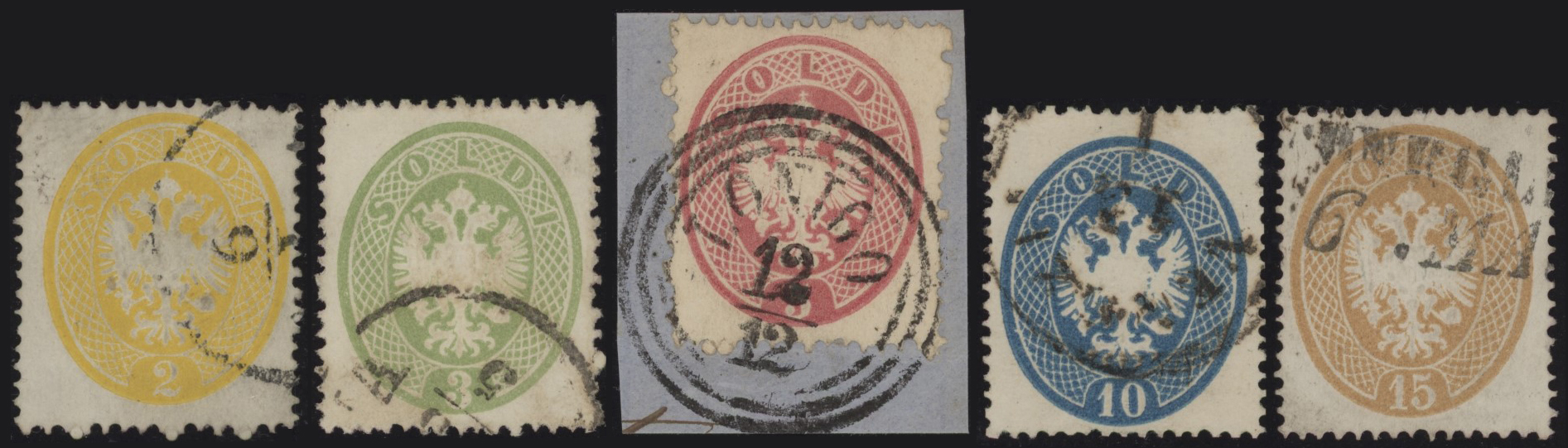 Lombardo Veneto - <p><strong>1863 - Stemma d. 14</strong>, n° 36/40, lusso, centrata. Enzo Diena (2 soldi).</p>