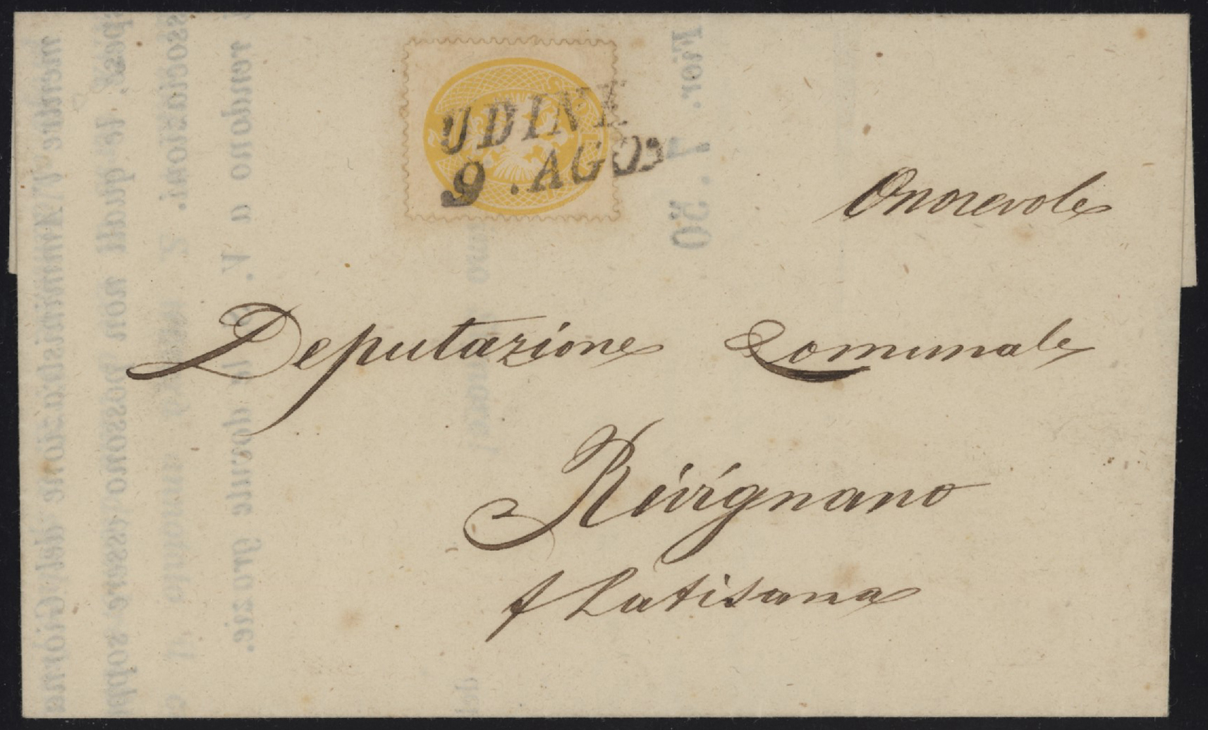 Lombardo Veneto - <p><strong>1863 - 2 soldi giallo</strong>, n°36, ottimo, isolato su stampato da <strong>Udine </strong>09.08.1864 per <strong>Bivignano Latisana</strong> dove giunse lo stesso giorno. Bell'insieme.</p>