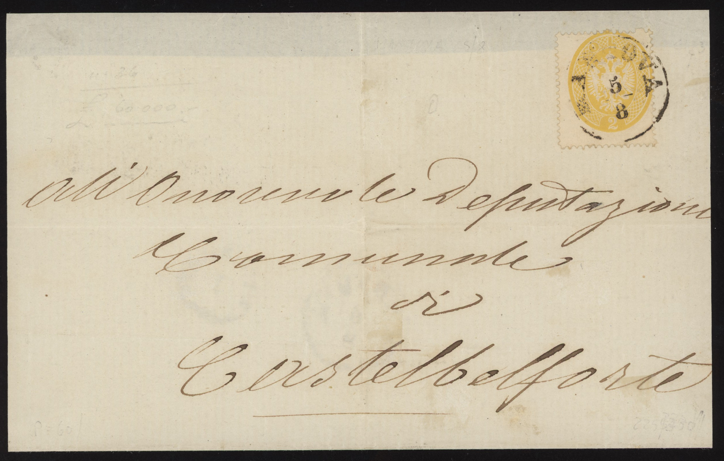 Lombardo Veneto - <p><strong>1863 - 2 s. giallo</strong>, n° 36, ottimo, isolato su busta da <strong>Mantova </strong>5/8 per <strong>Castelbelforte </strong>(Mantova) stessa data. Lusso.</p>