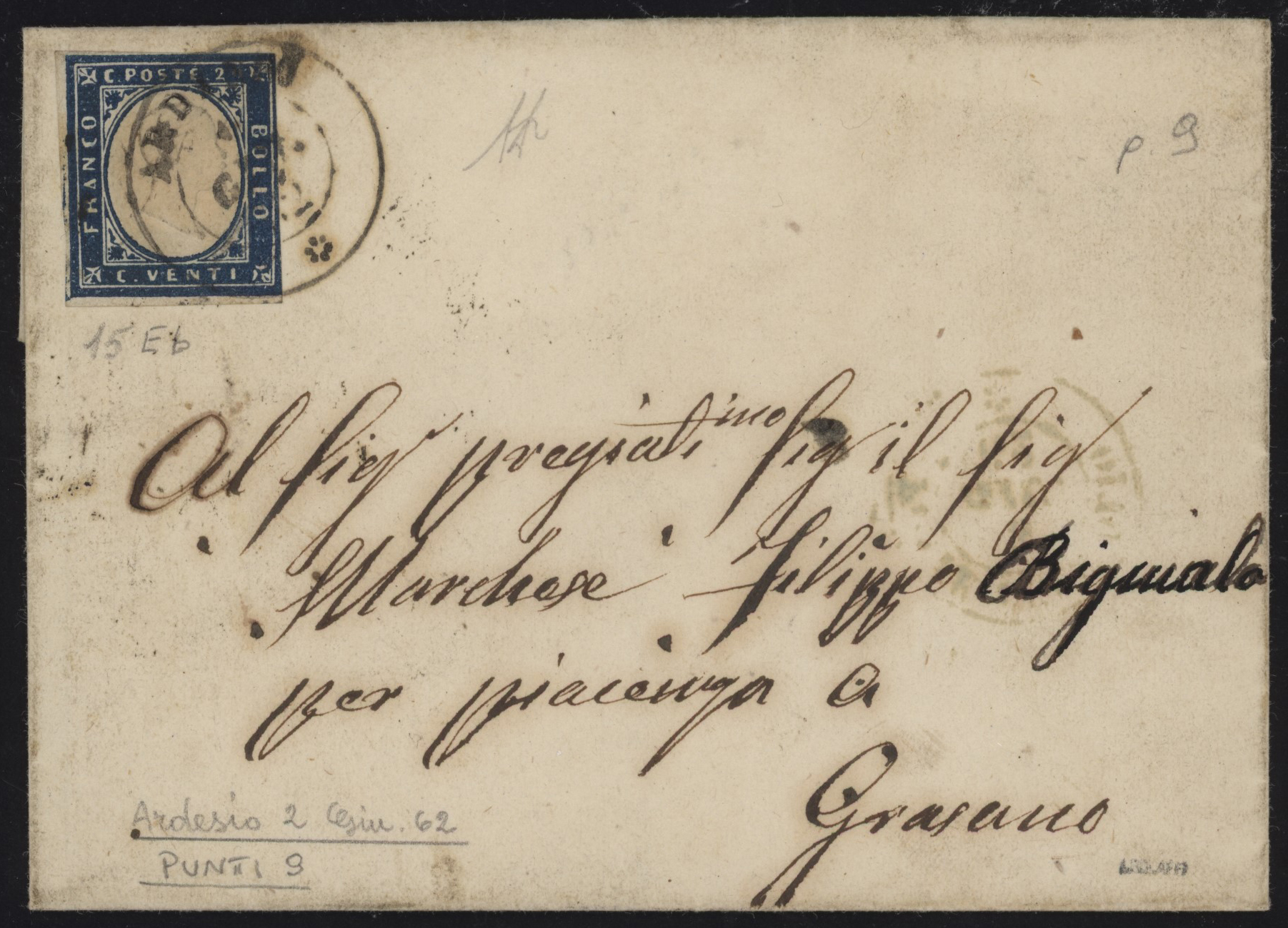 Lombardo Veneto - <p><strong>1862 - ARDESIO</strong>, DC 9 pt, lettera 2.1.62 per <strong>Grassano</strong>, numerosi annulli di transito, affrancata con Sardegna 20 cent. indaco chiaro, n° 15Eb, ottimo, insieme non comune. Siglata da Alberto Diena, timbrino Bolaffi.</p>