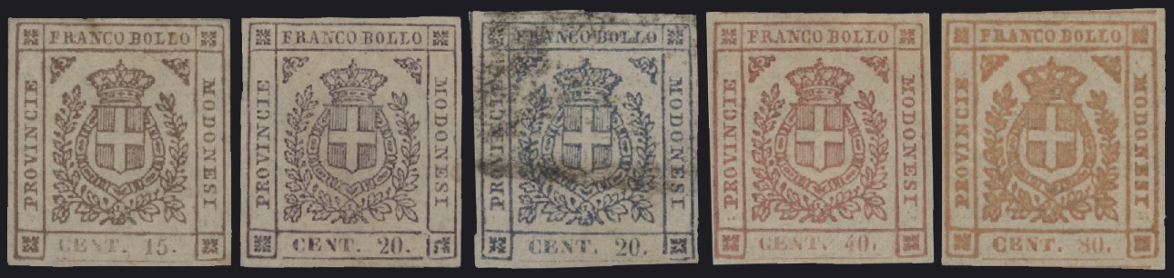 Ducato di Modena - <p><strong>1859 - Stemma dei Savoia</strong>, n° 14a, 16,15, 17 e 18, ottimi, tutti nuovi con gomma originale ad eccezione del n° 16 che è usato. Il n° 14a è siglato &nbsp;da Alberto Diena mentre il n° 18 è siglato Enzo Diena.</p>