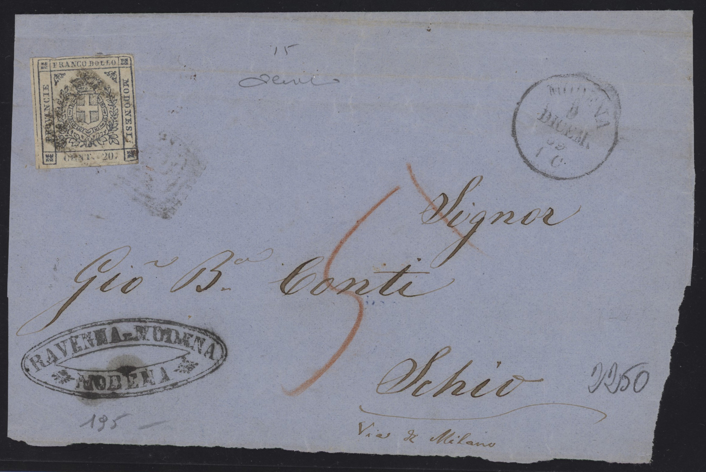 Ducato di Modena - <p><strong>1859 - 20 cent ardesia violaceo</strong>, n° 15, Governo Provvisorio, su gran parte di lettera (fronte più metà del retro) da <strong>Modena </strong>per <strong>Schio</strong>. Firmata Cardillo.</p>
