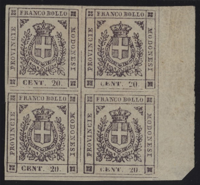 Ducato di Modena - <p><strong>1859 - 20 cent. lilla violaceo scuro</strong>, n° 16b, ottima quartina, i due esemplari superiori con gomma originale e i due inferiori con gomma integra. Firme di Alberto Diena e Oliva.</p>