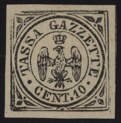 Ducato di Modena - <p><strong>1853 -&nbsp;Aquilotto, 10 cent. nero</strong>, SxG n° 5/I, ottimo. Siglato da Alberto Diena e certificato di Enzo.</p>