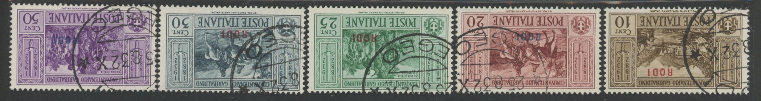Rodi - <p><strong>1932 - Garibaldi</strong>, n° 20/29, lusso, con annulli originali di Rodi 25.8.32.</p>