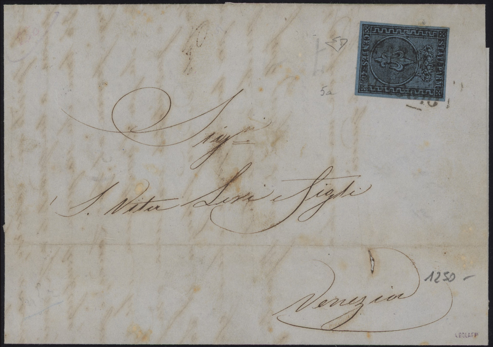Ducato di Parma - <p><strong>1852 - 40 cent. azzurro chiaro</strong>, n° 5a, ottimo, isolato su lettera con testo, per <strong>Venezia </strong>11/5, ottimo insieme non comune. Siglata Enzo Diena e Bolaffi.</p>