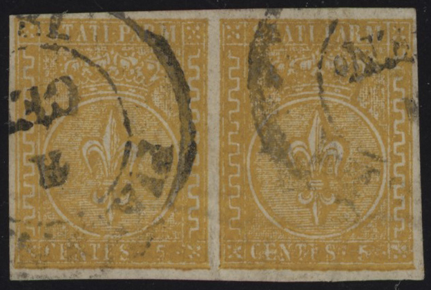 Ducato di Parma - <p><strong>1854 - 5 cent. giallo arancio</strong>, n° 6, splendida coppia orizzontale, fresca e ben marginata. Certificato Enzo Diena.</p>