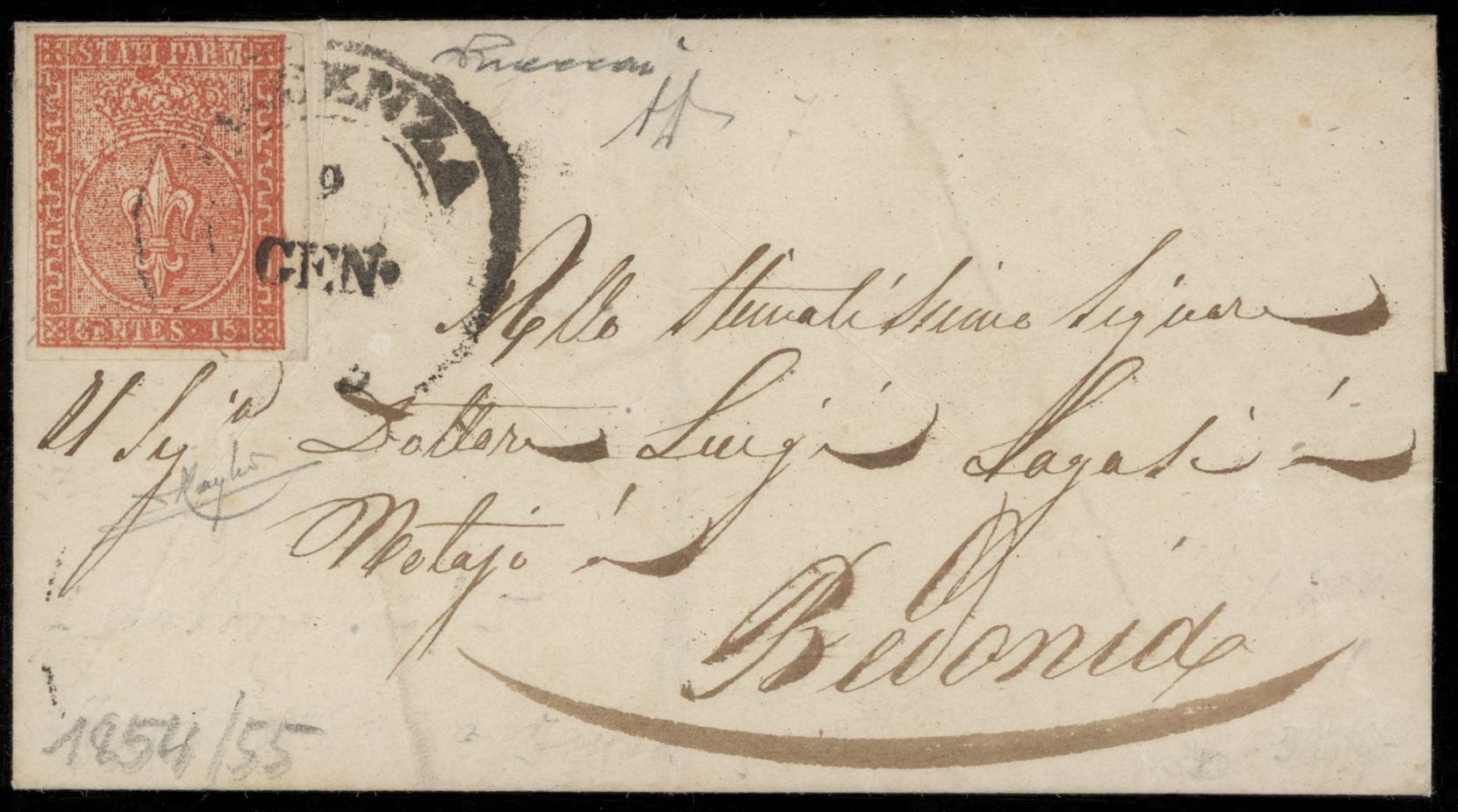 Ducato di Parma - <p><strong>1853 - 15 cent. &nbsp;vermiglio</strong>, n° 7, insieme lusso, ottimo su letterina da <strong>Piacenza </strong>9 gennaio per <strong>Bedonia</strong>, eccellente qualità. Siglata Alberto Diena e firmata Raybaudi e Vaccari.</p>
