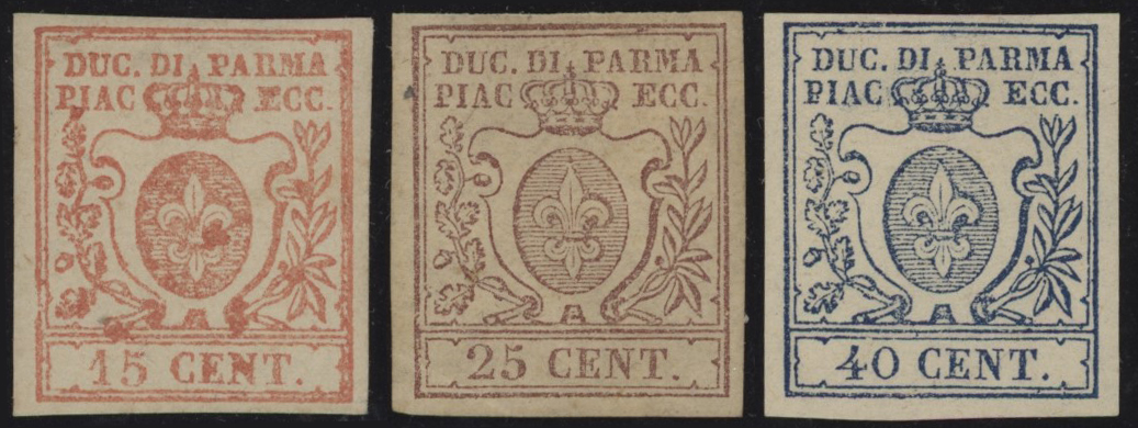 Ducato di Parma - <p><strong>1857 - III emissione</strong>, n° 9/11, ottima.&nbsp; Alberto Diena (il 15 cent.) Raybaudi (il 25 cent.).</p>