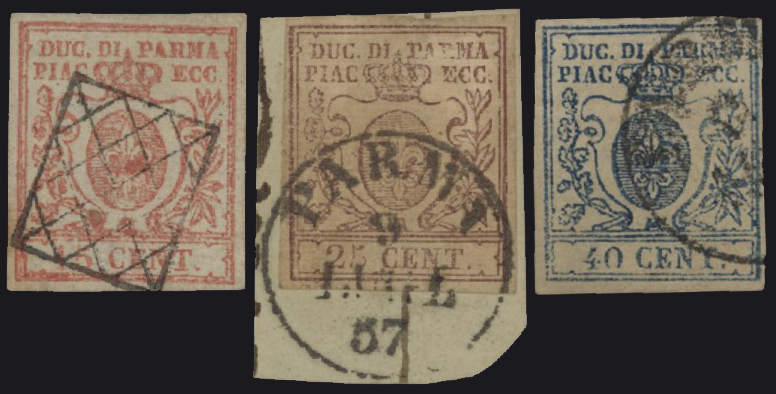 Ducato di Parma - <p><strong>1857 - Giglio Borbonico</strong>, n° 9/11, ottima serie usata, il n° 10 su frammento.</p>