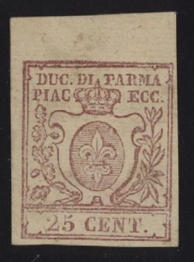 Ducato di Parma - <p><strong>1857 - 25 cent. bruno lilla</strong>, n° 10, eccellente esemplare con bordo di foglio in alto, nuovo con gomma originale.</p>