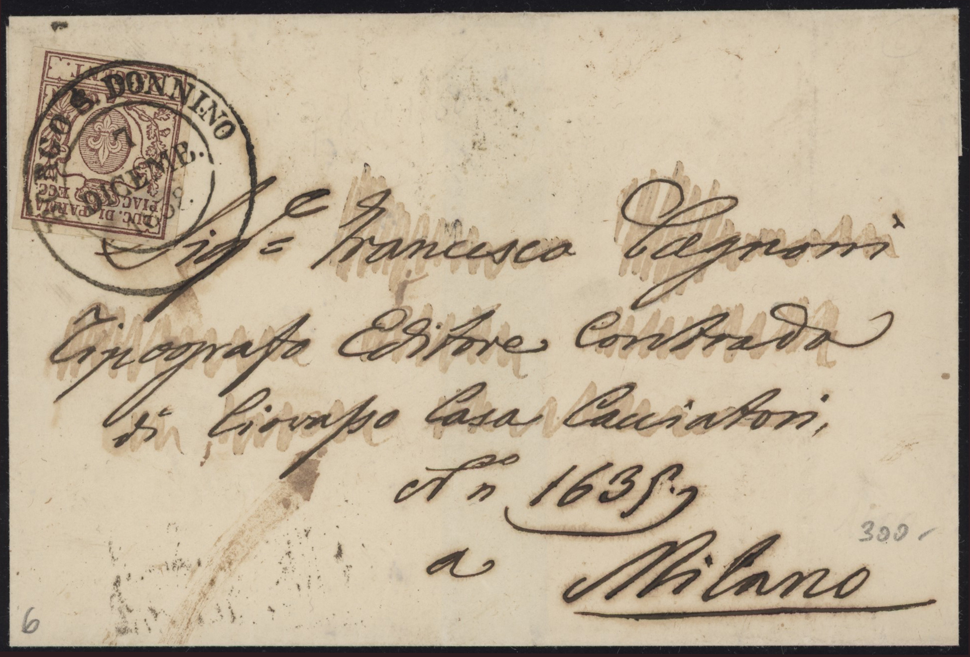 Ducato di Parma - <p><strong>1858 - 25 cent. bruno lilla</strong>, n° 10, ottimo/eccellente, isolato su busta da <strong>Borgo S. Donnino</strong> (6 punti) idealmente impresso 7.12.58 per <strong>Milano </strong>9/12, splendido insieme appariscente.</p>