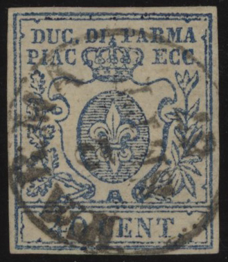 Ducato di Parma - <p><strong>1852 -&nbsp;40 cent. azzurro</strong>, n° 11, ottimo, annullo ideale di Parma, siglato da Alberto Diena.</p>