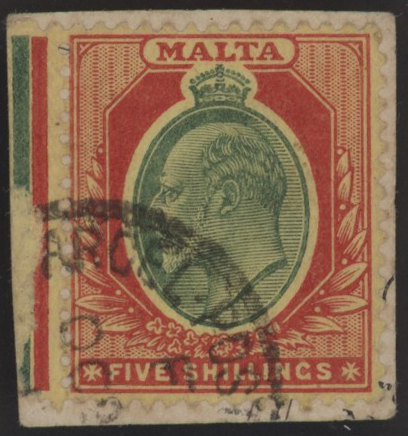MALTA - <p><strong>1907 - Edoardo VII - Ordinaria</strong>, n° 33A/41, eccellente, con nitidi e unici annulli originali ideali, non comune in questo splendido stato di conservazione, il 5 sh. bordo di foglio a sinistra e su piccolo frammento, insieme lusso.</p>