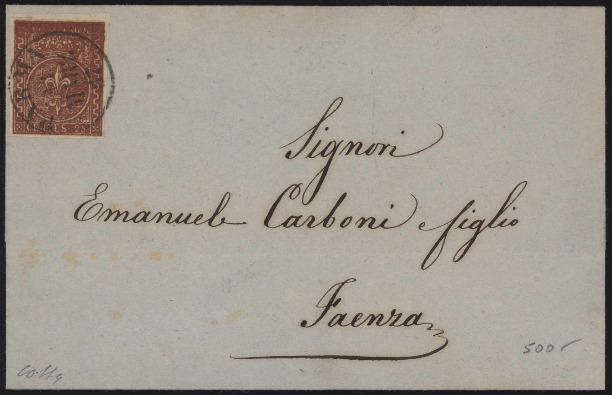 Ducato di Parma - <p><strong>1857 - 25 cent. bruno rosso</strong>, n° 8, ottimo/eccellente, bordo di foglio superiore, su lettera da <strong>Parma </strong>11 MAR 57 per <strong>Faenza </strong>16 MAR, ottimo insieme firmato Colla.</p>