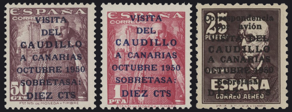 SPAGNA - <p><strong>1950 - Spagna - Caudillo</strong>, n° 806/7 + A 246, ottima serie completa, l'alto valore è corredato di certificato COMEX.</p>